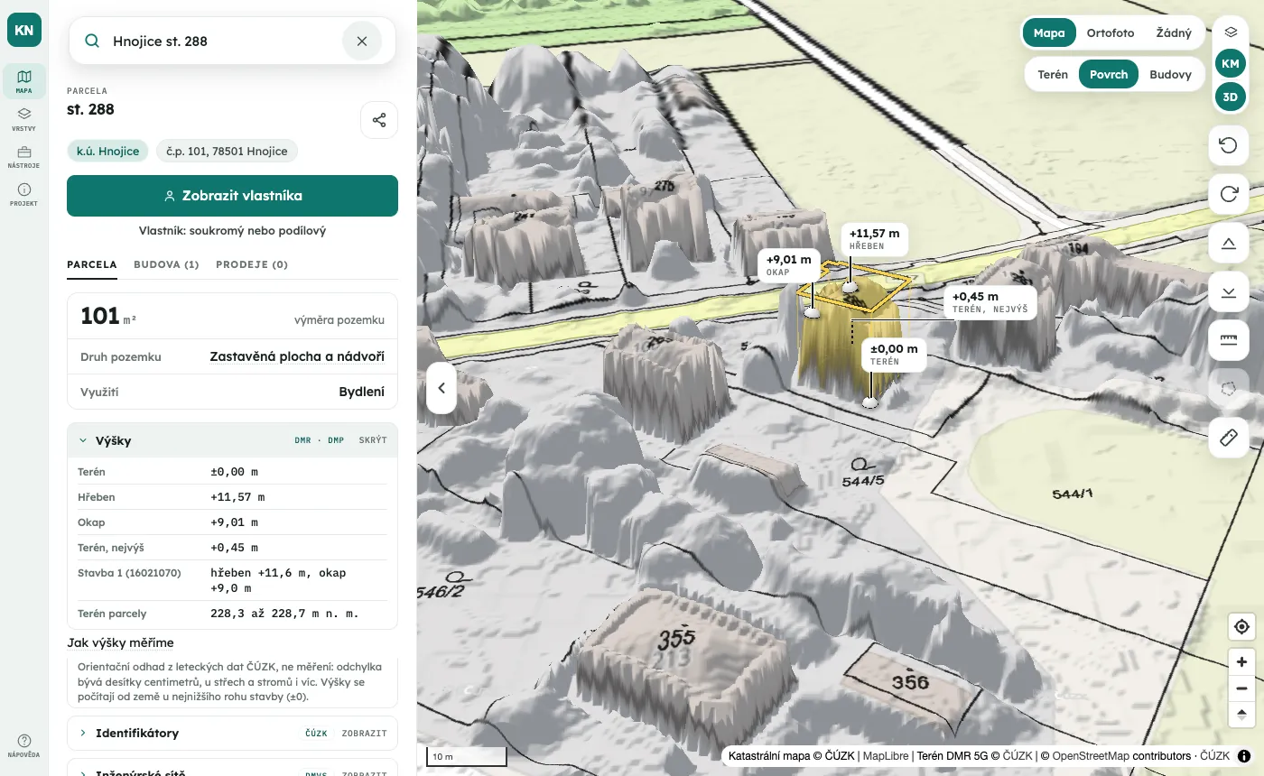 Detail parcely st. 288 v k.ú. Hnojice s otevřenou skupinou Výšky a 3D mapa domu s body hřeben, okap a terén